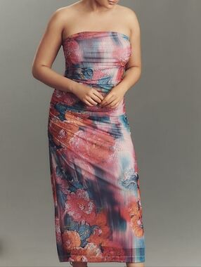 New Anthroplogie The Soleil Slim Strapless Ruched Mesh Midi Floral Dress, Sz. XL